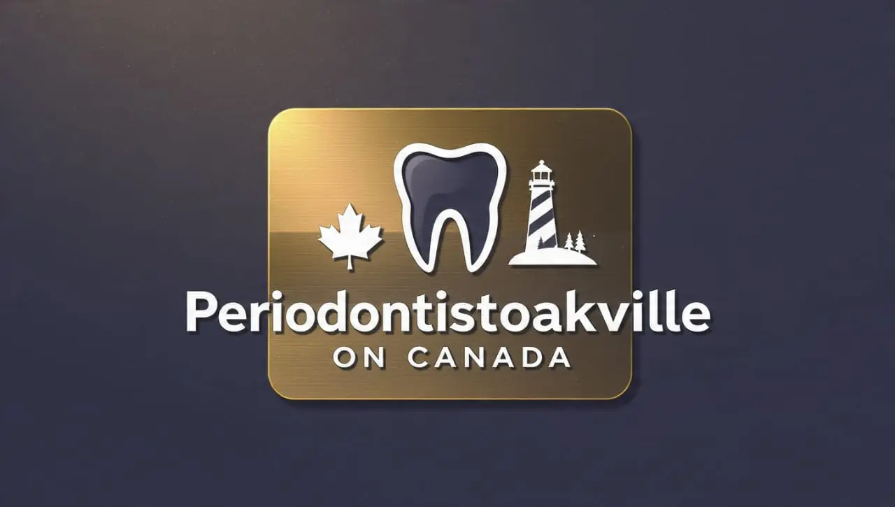 Professional logo for Periodontist Oakville ON Canada featuring a tooth icon, Canadian maple leaf, and lighthouse design on a gold background.