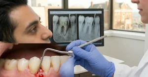 : A three-part dental image showing a male patient with visible concern, inflamed and bleeding gums being probed with a periodontal instrument by a gloved dentist, and dental X-rays on a monitor displaying tooth root and bone structure.
